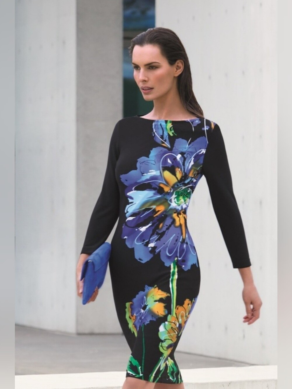 Joseph Ribkoff Black Long-Sleeve Floral Sheath with Blue & Yellow Blooms
